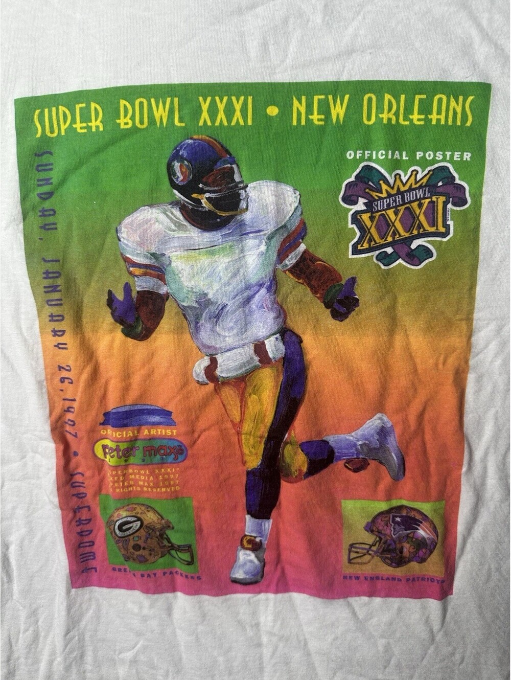 Vintage 1997 Peter Max Super Bowl XXXI T Shirt XL Packers Patriots NFL